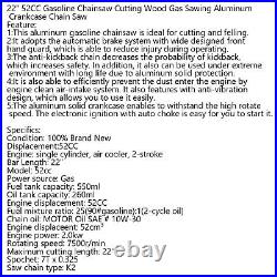 52cc Gas Powered Chainsaw 22'' 2 Stroke Cutting Wood Gasoline Chain Saw 2.0KW